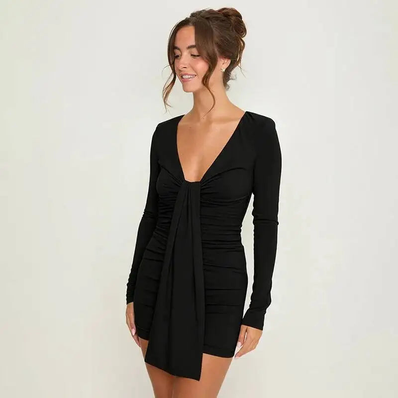 V-neck ruched mini dress in black