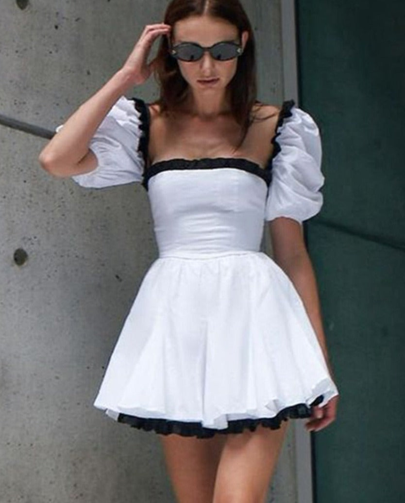 Puff Sleeve Frill Trim Square Neck Mini Dress