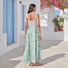 Floral Print Striped Maxi Dress with Square Neck and Tie Shoulders