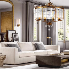 Modern crystal chandelier with LED lights, hanging in a stylish living room. Golden Atelier 4Modern American LED Retro Romantic luxurious Crystal Iron art Chandelier Living Dining Bedroom Designer Lamp Decor Pendant Light Golden Atelier