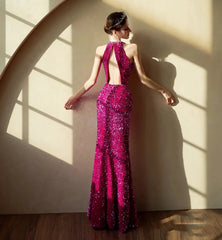 Mermaid Glitter Sequined Halter Pearl Tassel Evening Gowns