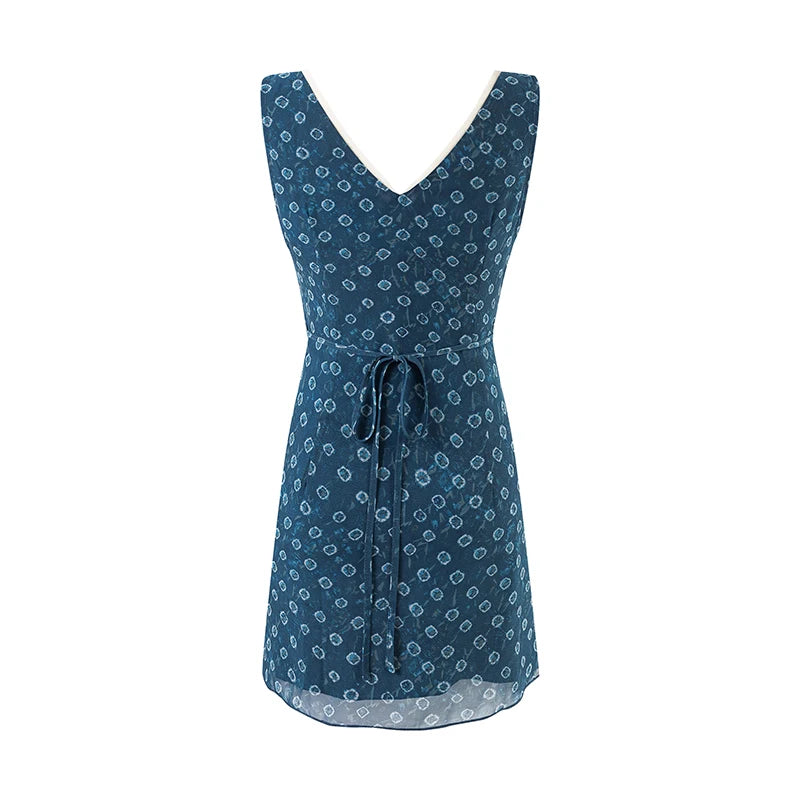 V-neck sleeveless A-line mini dress with geometric print, back view with tie detail