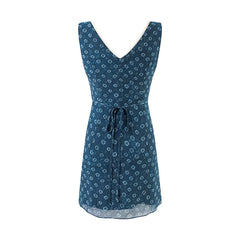 V-neck sleeveless A-line mini dress with geometric print, back view with tie detail