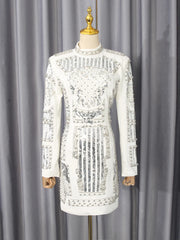 Rhinestone Sequin High Neck Padded Shoulder Mini Dress