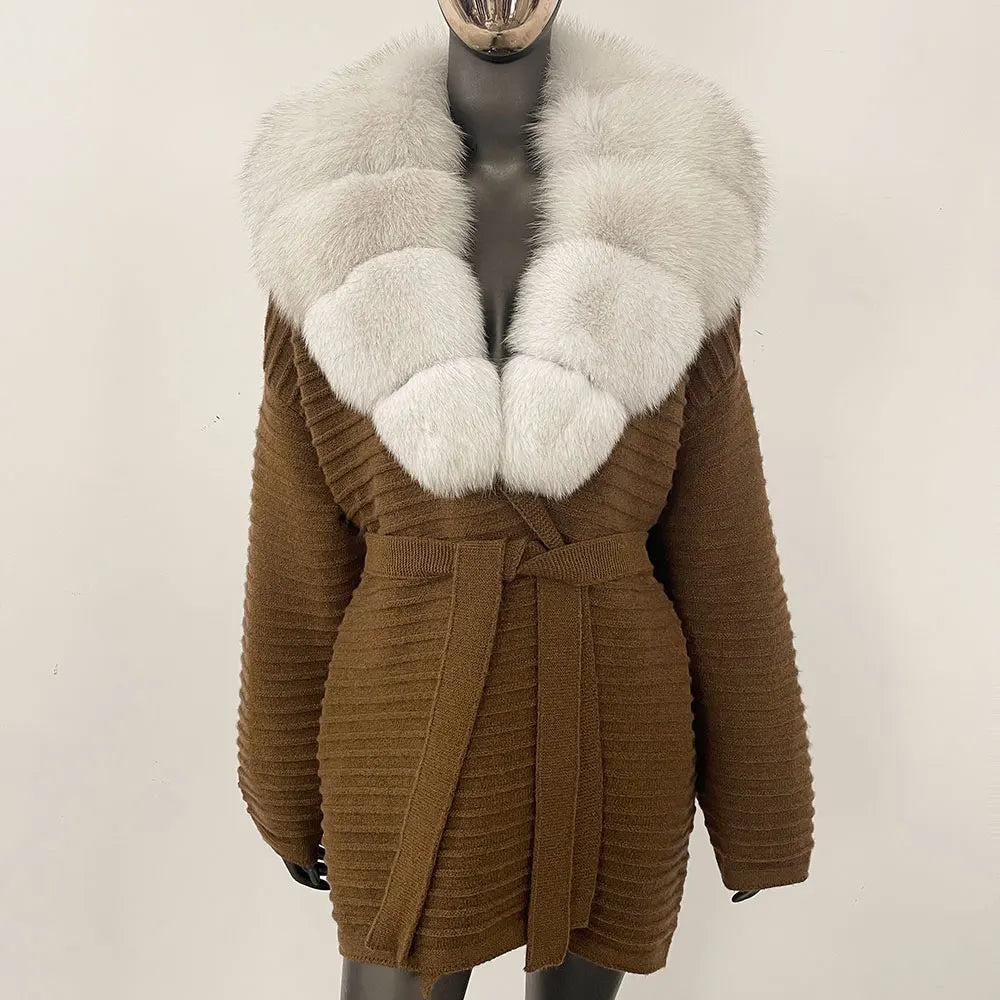 camel ribbed knit coat with ivory faux fur collar