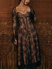 Black Lace Long Sleeve Corset Style Maxi Dress