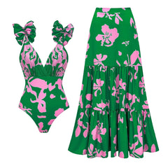 Grape Print Ruffled Swimsuit and Maxi Skirt Set