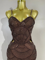 Pearl Beaded Sequins Spaghetti Strap Bodycon Long Dress