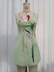 Green Strapless Flower Appliqu�� Mini Dress