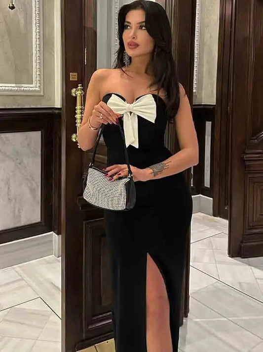Solid Black Strapless Bow Open Shoulder Ankle Length Dress
