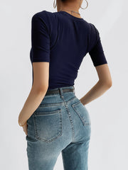 Half Sleeve O-Collar Knitting Rib Crop Tee
