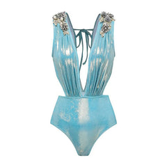 V-Neck Ruched Cut-Out Halter One-Piece Swimsuit and Maxi Skirt Set