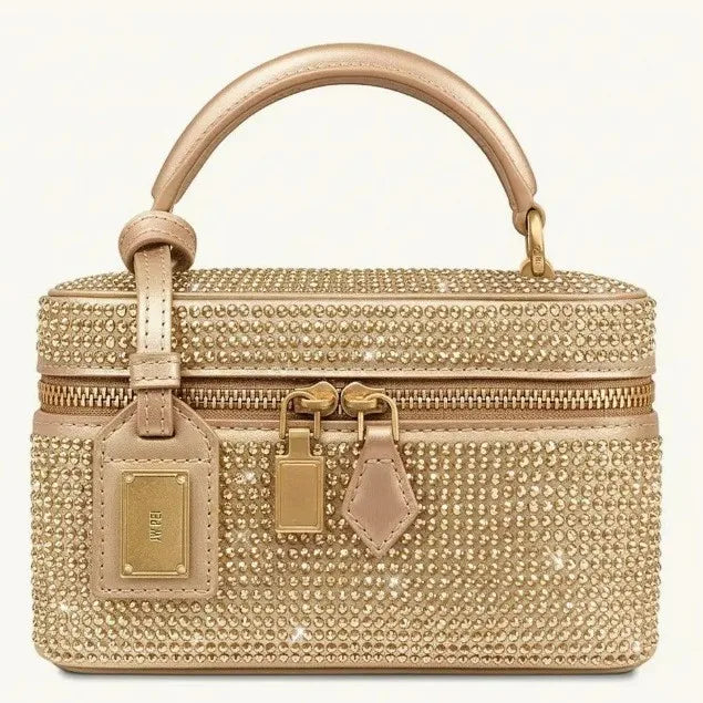 Gold rhinestone vanity case bag with gold hardware