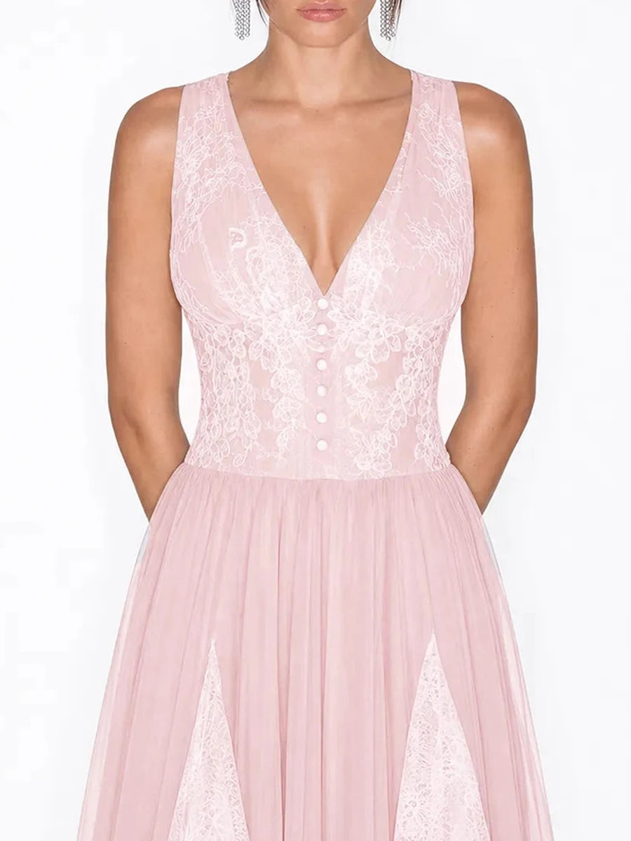 Pink lace v-neck sleeveless maxi dress bodice detail