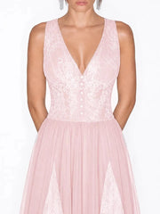 Pink lace v-neck sleeveless maxi dress bodice detail