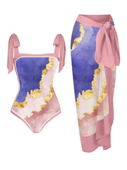 Floral Print Tie-Strap Bikini and Sarong Set