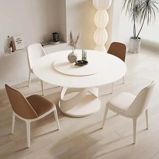 Round White Rock Slab Dining Table 360°Rotating Turntable