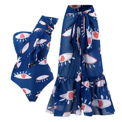 Tie-Strap V-Neck One-Piece Swimsuit with Matching Sarong Set