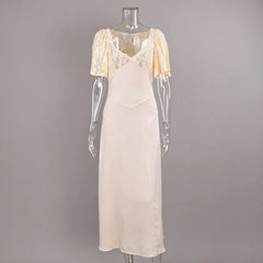 Lace Sheer Patchwork Satin Puff Sleeve Maxi Dress