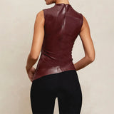 PU Leather Asymmetrical Ruched Sleeveless Top