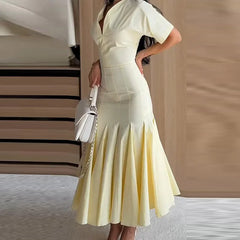 Yellow Solid Pleated Hem Maxi Dress