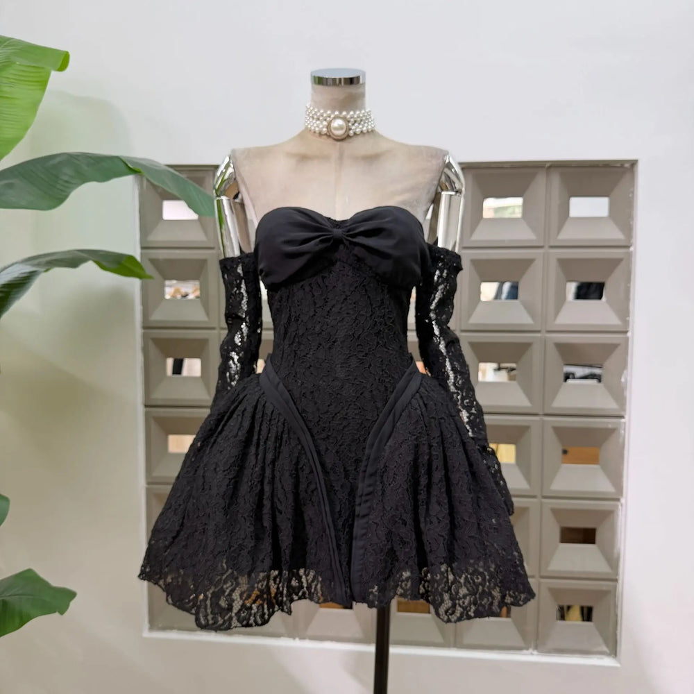 Black lace bow off-shoulder mini dress with long sleeves
