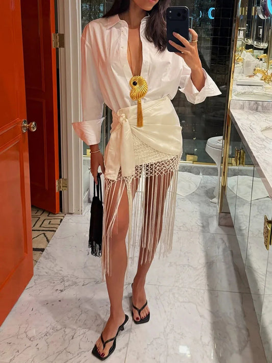 Tassel fringe satin midi skirt