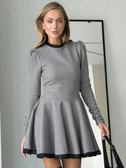 Gray patchwork round neck lace long sleeve A-line mini dress for winter parties