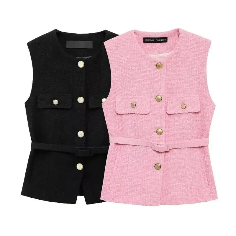 Black and pink vests with button details on a white background