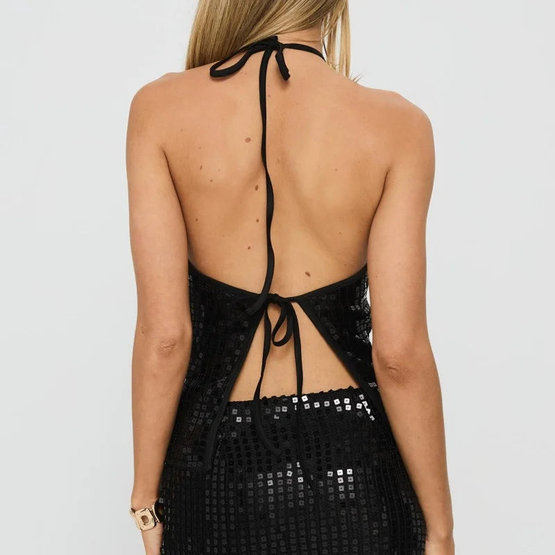 Black sequin halter crop top back view