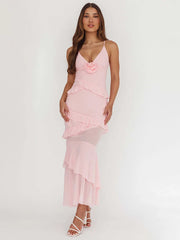 Rose Embellished Ruffle Maxi Dress