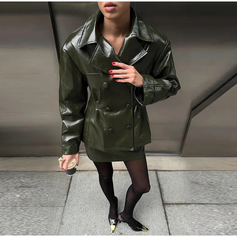 Faux leather lapel jacket and mini skirt set in green detail