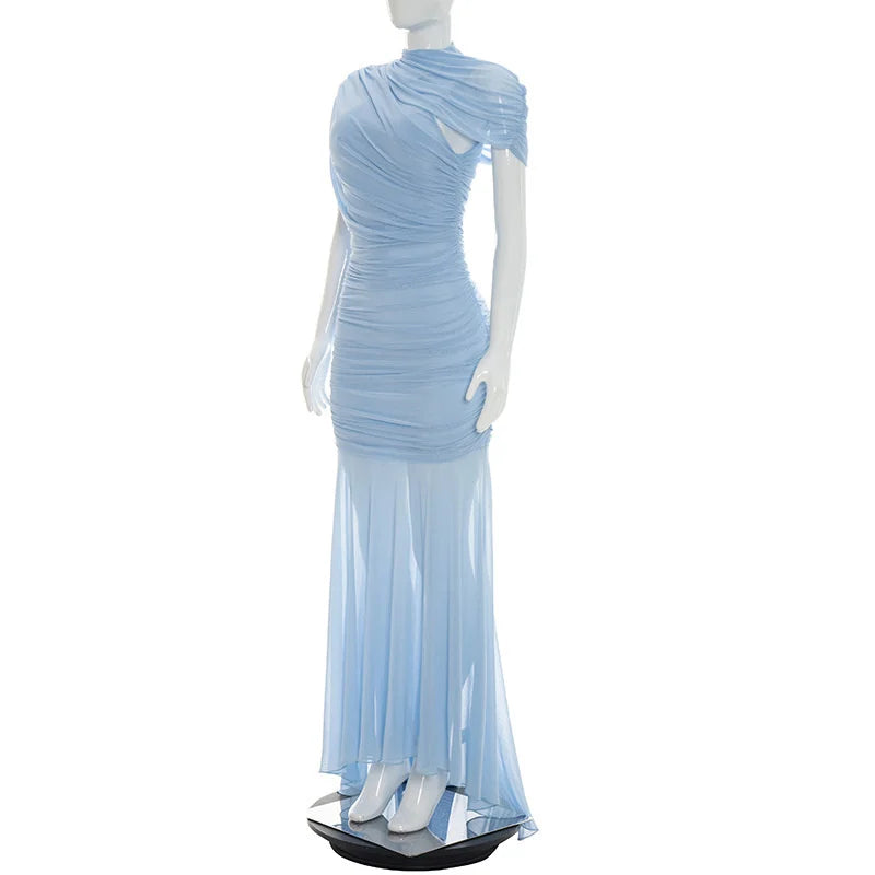 Light blue evening gown on a mannequin against a white background