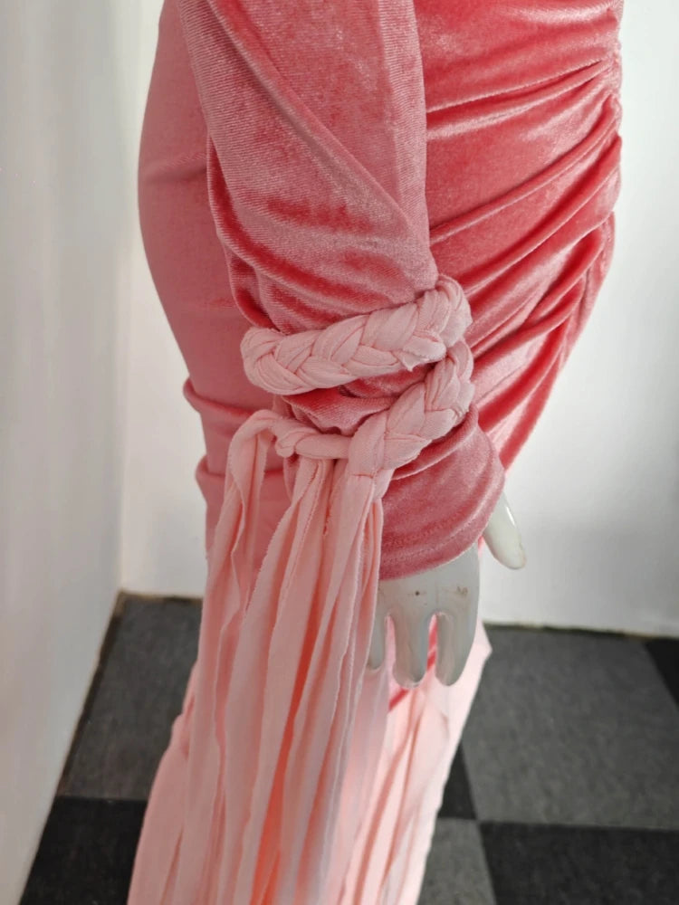 Pink velvet curtain with a knot 