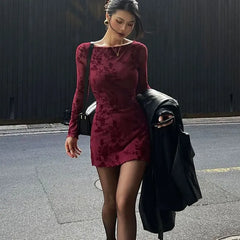 Wine Red Print Long Sleeves Knitted Dress