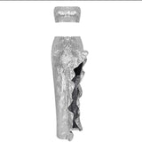 Women's Silver Sequins Strapless Top Ruffle Side Split Long Skirt Set
