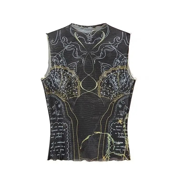 Black graphic print mock neck sleeveless mesh crop top