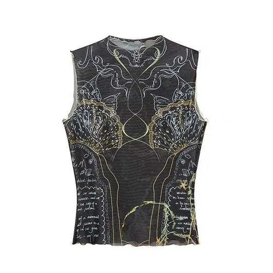 Black graphic print mock neck sleeveless mesh crop top