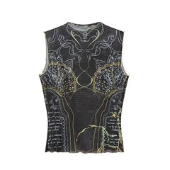 Black graphic print mock neck sleeveless mesh crop top