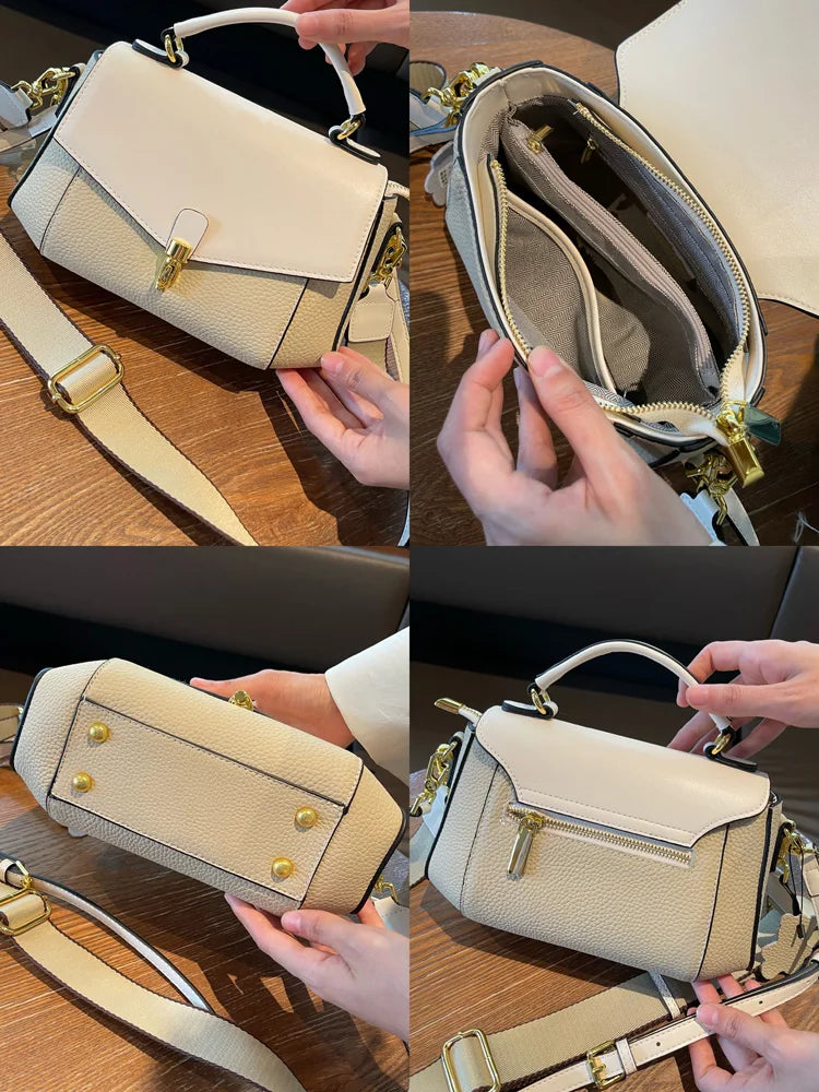Collage of a beige handbag with gold accents, showing different angles and features.