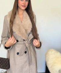 Faux Fur Collar Full Sleeves Belted Long Coat