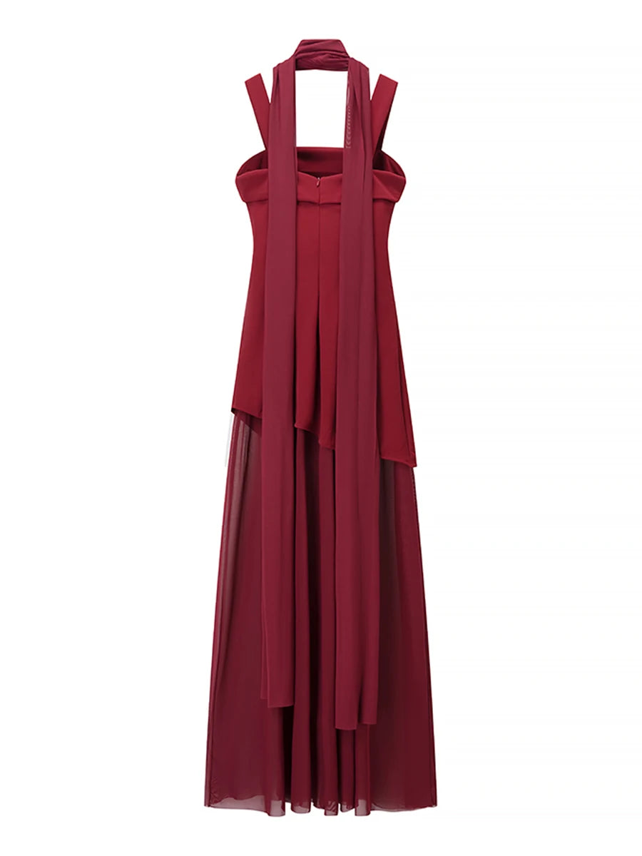 Red evening gown with a layered design