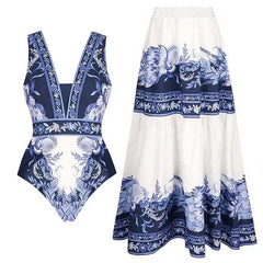 Ruffled Floral Print One-Piece Swimsuit and Maxi Skirt Set