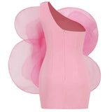 Pink Oblique Shoulder Decorative Flower Women's Mini Dress