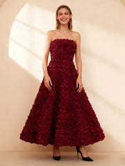 Burgundy strapless long dress with full 3D floral texture