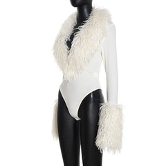 Faux Fur Trimmed V-Neck Long Sleeve Bodysuit