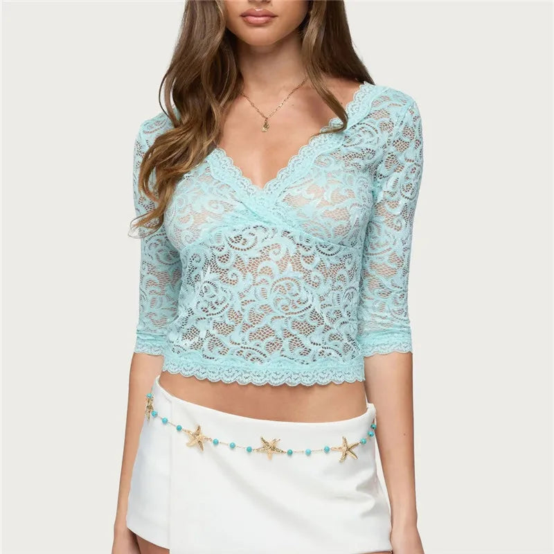 Blue lace v-neck 3/4 sleeve crop top with white skirt
