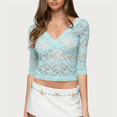 Blue lace v-neck 3/4 sleeve crop top with white skirt