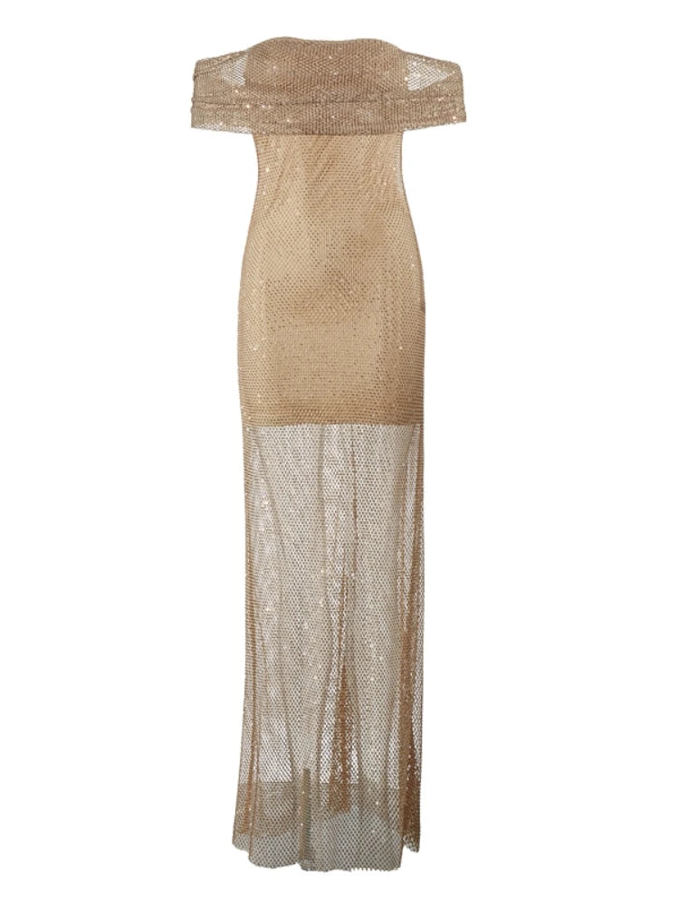 Beige off-shoulder dress with lace detailing on a white background