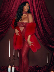 Red Strapless Diamond Embellished Maxi Dress
